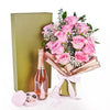 Mother's Day Dozen Pink Rose Bouquet with Box, Champagne, & Chocolate from Heart & Thorn USA - Flower Gift Basket - USA Delivery