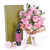 Mother's Day Dozen Pink Rose Bouquet with Box, Wine, & Chocolate from Heart & Thorn USA - Flower Gift Basket - USA Delivery