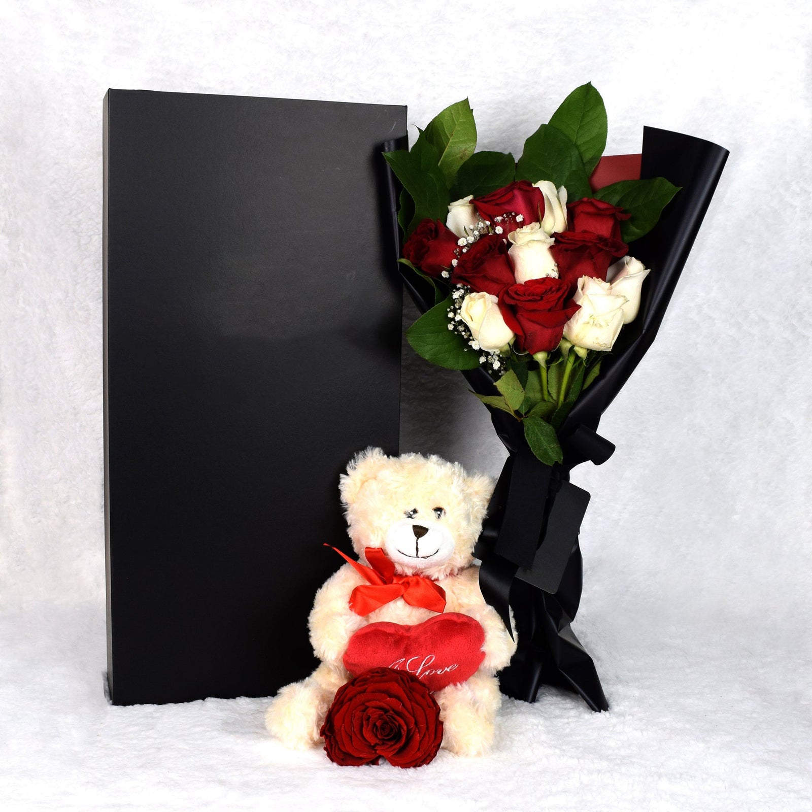 Valentine's Day 12 Stem Red & White Bouquet With Box & Bear - Heart & Thorn flower delivery - USA delivery