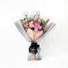 A Classy Affair Flowers & Prosecco Gift. Pink Rose Bouquet with Light Pink Wild Flowers Gathered Together Beautifully in a Cellophane Sheet with Designer Twine or Ribbons, with Italian Sparkling Wine. Flower Gifts from Heart & Thorn USA - Same Day USA Delivery.