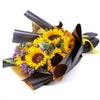Golden Grace Sunflower Bouquet. Selection of Sunflowers, Statice, and Eucalyptus in a Floral Wrap and Tied with Designer Ribbon. Flower Gifts from Heart & Thorn USA - Same Day USA Delivery.