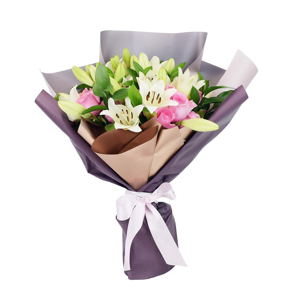 Kiss of Pink Rose & Lilies Bouquet - Heart & Thorn flower delivery - USA delivery