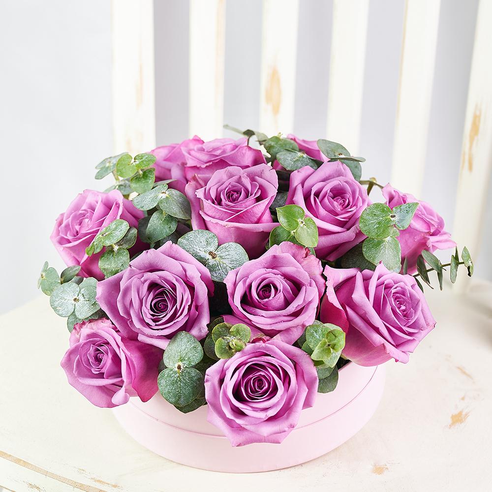 Luxe Passion Flower Box. Pink Roses and Eucalyptus in a Round Pink Hat Box. Flower Gifts from Heart & Thorn USA - Same Day USA Delivery.