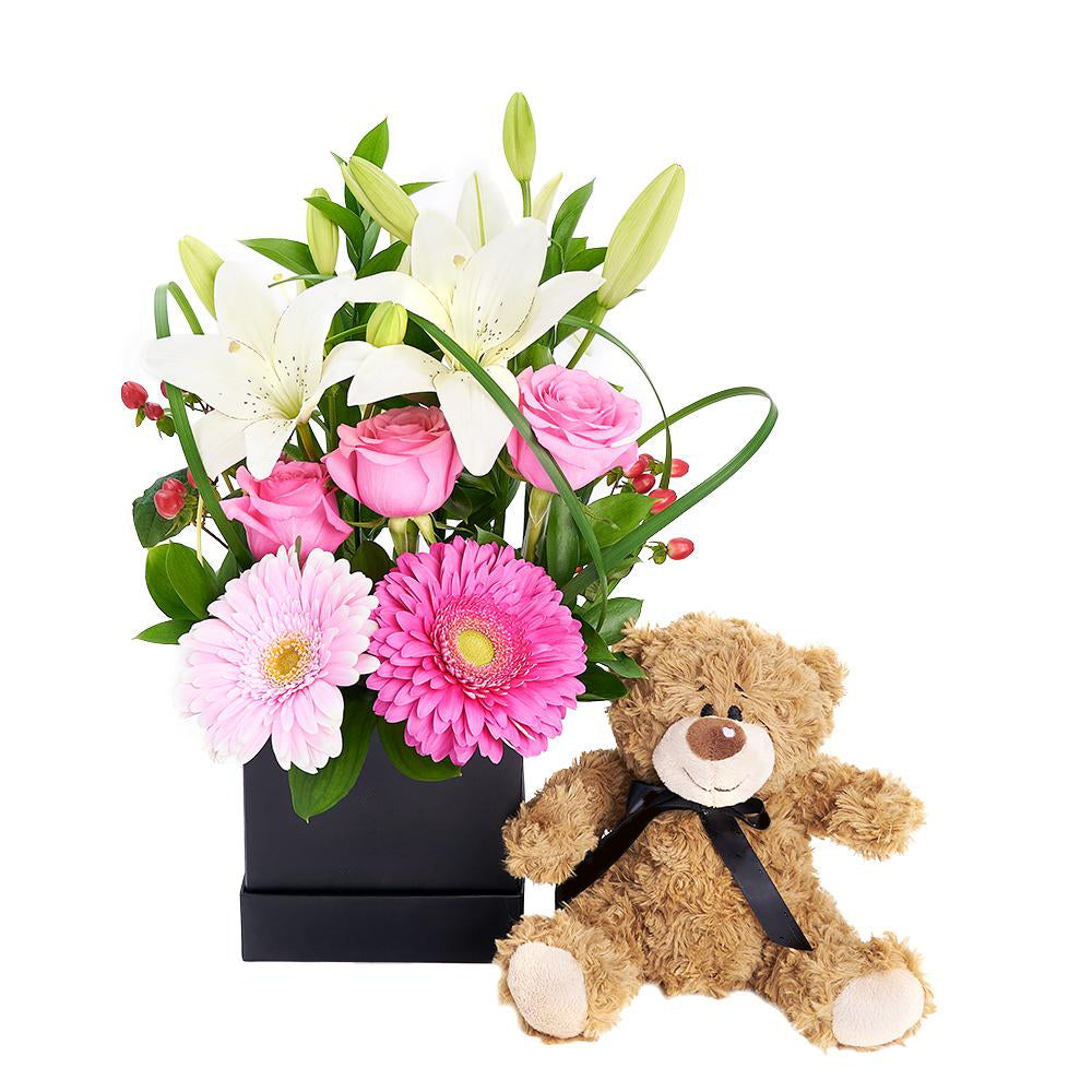 Gerbera Floral Arrangement &amp; Bear Gift Set from Heart &amp; Thorn USA - Flower Gift Basket - USA Delivery