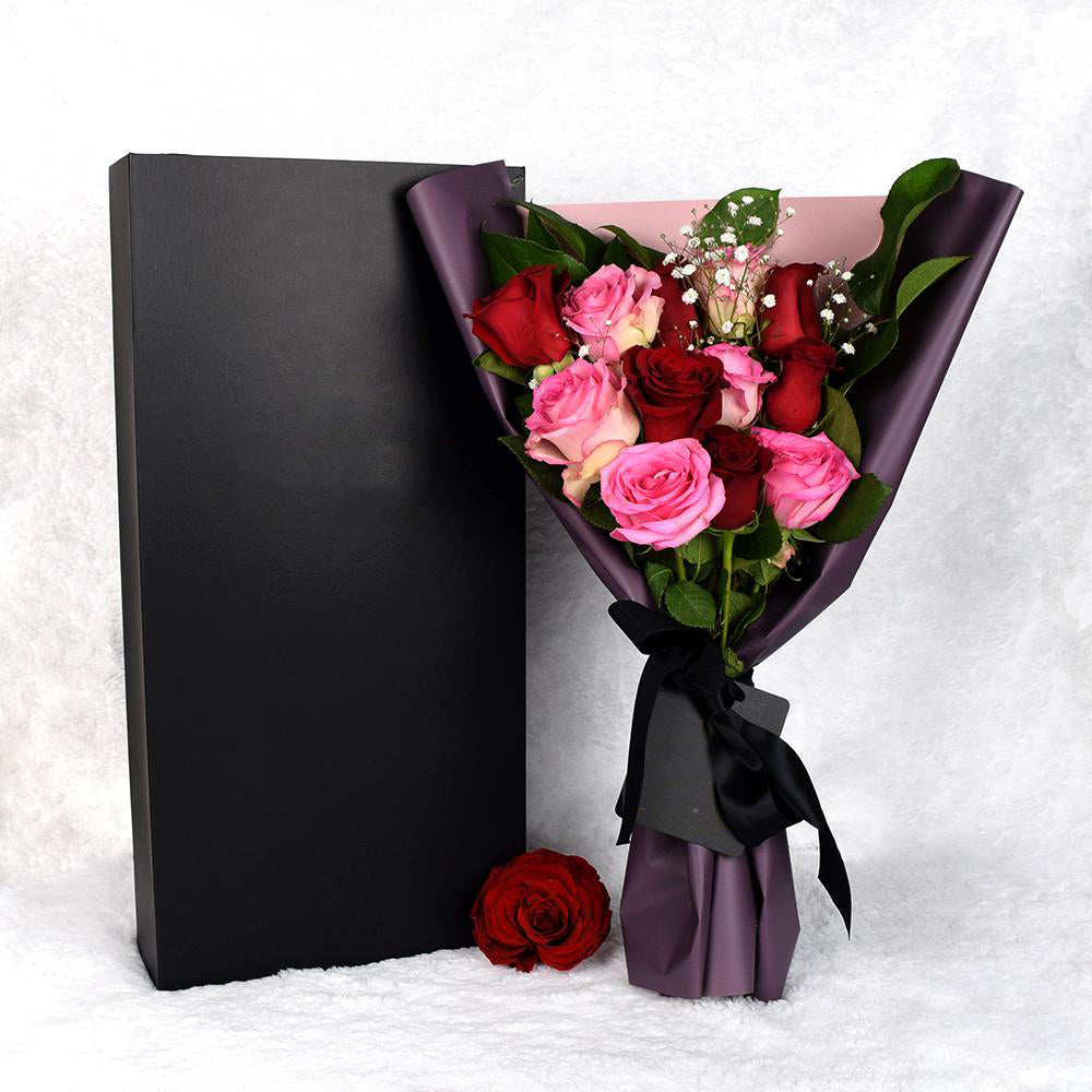 Valentine's Day 12 Stem Pink & Red Rose Bouquet With Designer Box, Heart & Thorn USA Same Day Flower Delivery, Valentine's Day gifts, roses