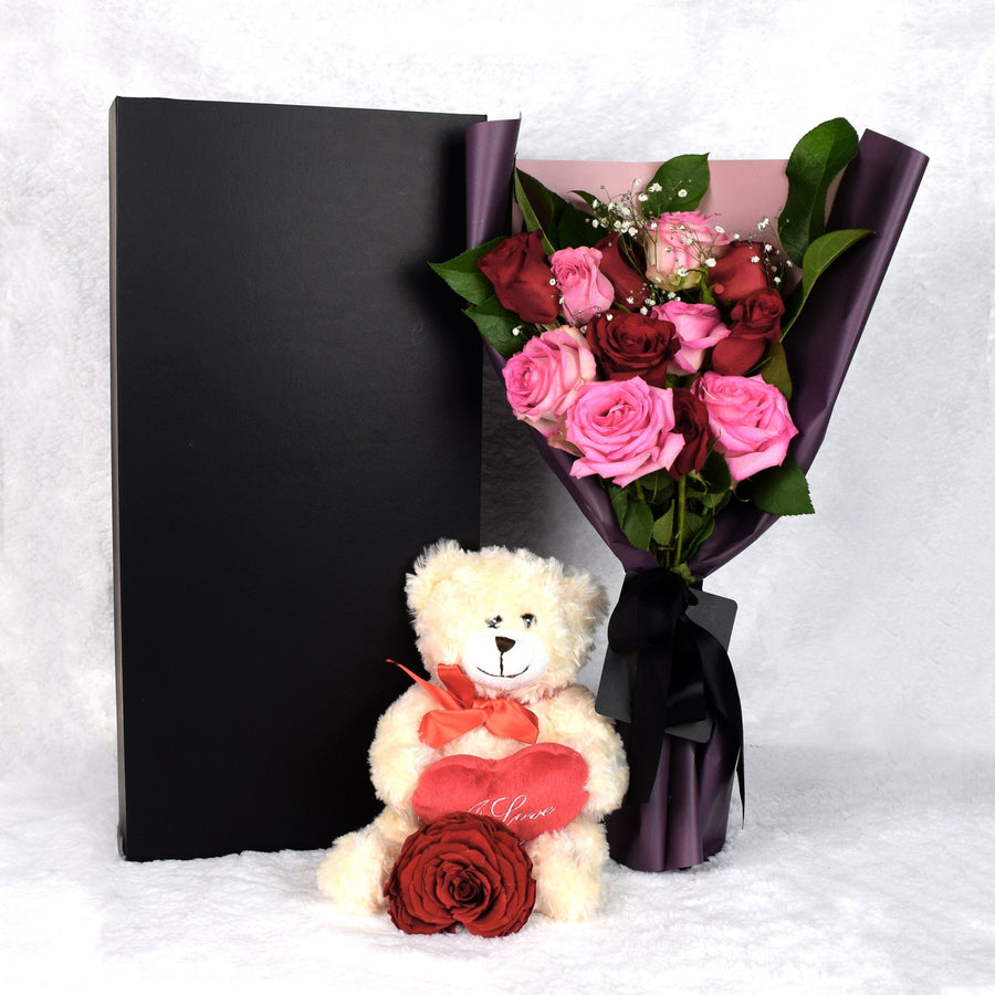 Valentine's Day 12 Stem Red & Pink Rose Bouquet With Box & Bear, Heart & Thorn USA Same Day Flower Delivery, Valentine's Day gifts, roses, plush gifts