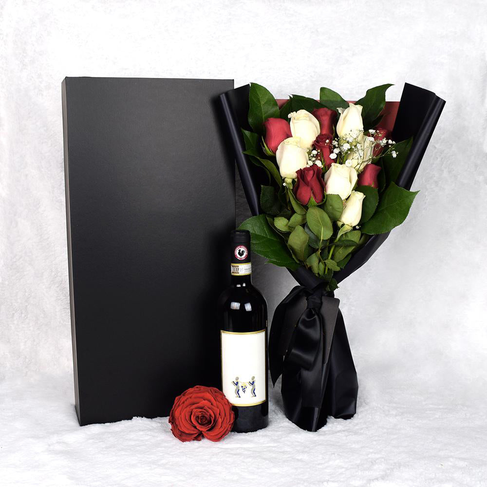 Valentine’s Day 12 Stem Red &amp; White Rose Bouquet With Box &amp; Wine