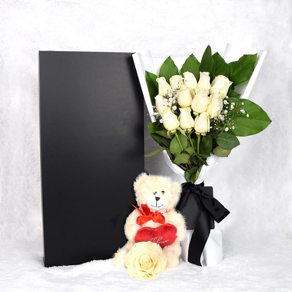 Valentine's Day Gifts | Valentine's Day 12 White Rose Bouquet With Box & Bear - HEART & THORN Valentine's Day Gifts | Valentine's Day 12 White Rose Bouquet With Box & Bear - HEART & THORN