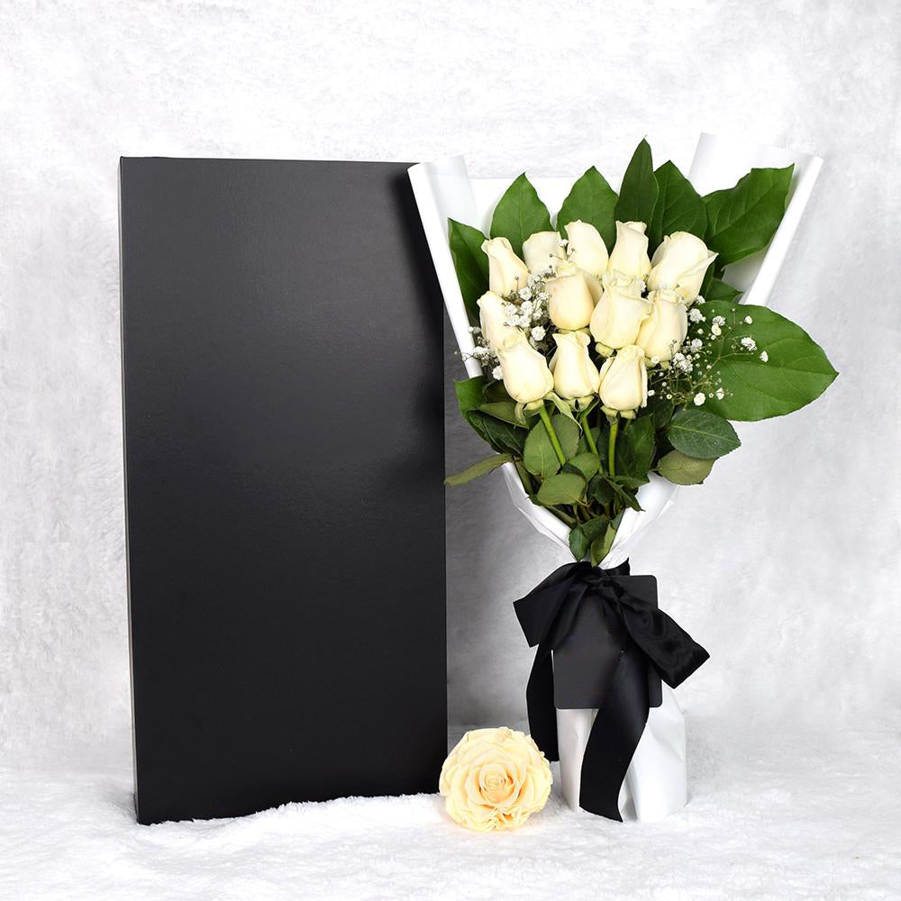 Valentine's Day 12 Stem White Rose Bouquet with Designer Box