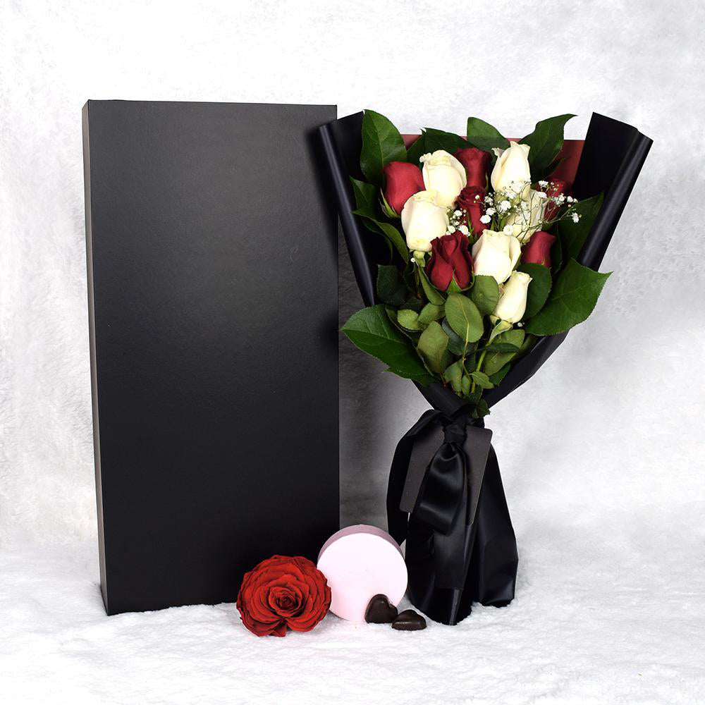 Valentine’s Day Dozen Red &amp; White Rose Bouquet With Box &amp; Chocolate
