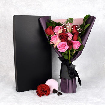 Valentine’s Day Dozen Red &amp; Pink Rose Bouquet With Box &amp; Chocolate