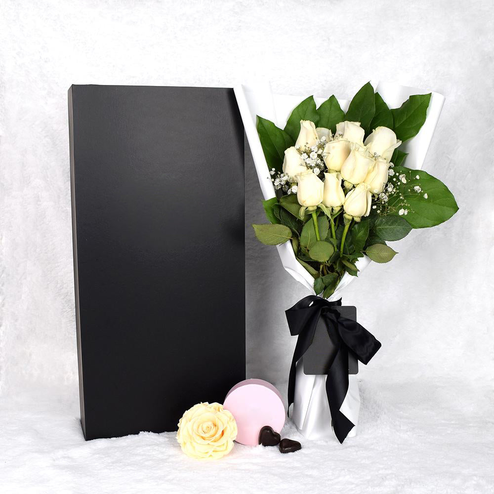 Valentine’s Day Dozen White Rose Bouquet With Box & Chocolate