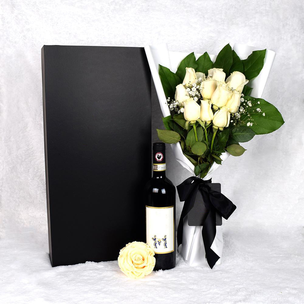 Valentine's Day Dozen White Rose Bouquet With Box & Wine