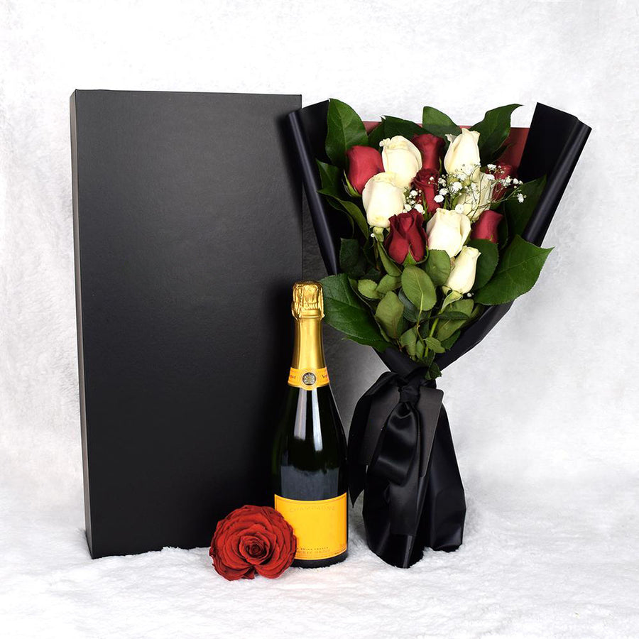 Valentine's Day 12 Stem Red & White Rose Bouquet With Box & Champagne, Valentine's Day gifts, roses, champagne gifts.