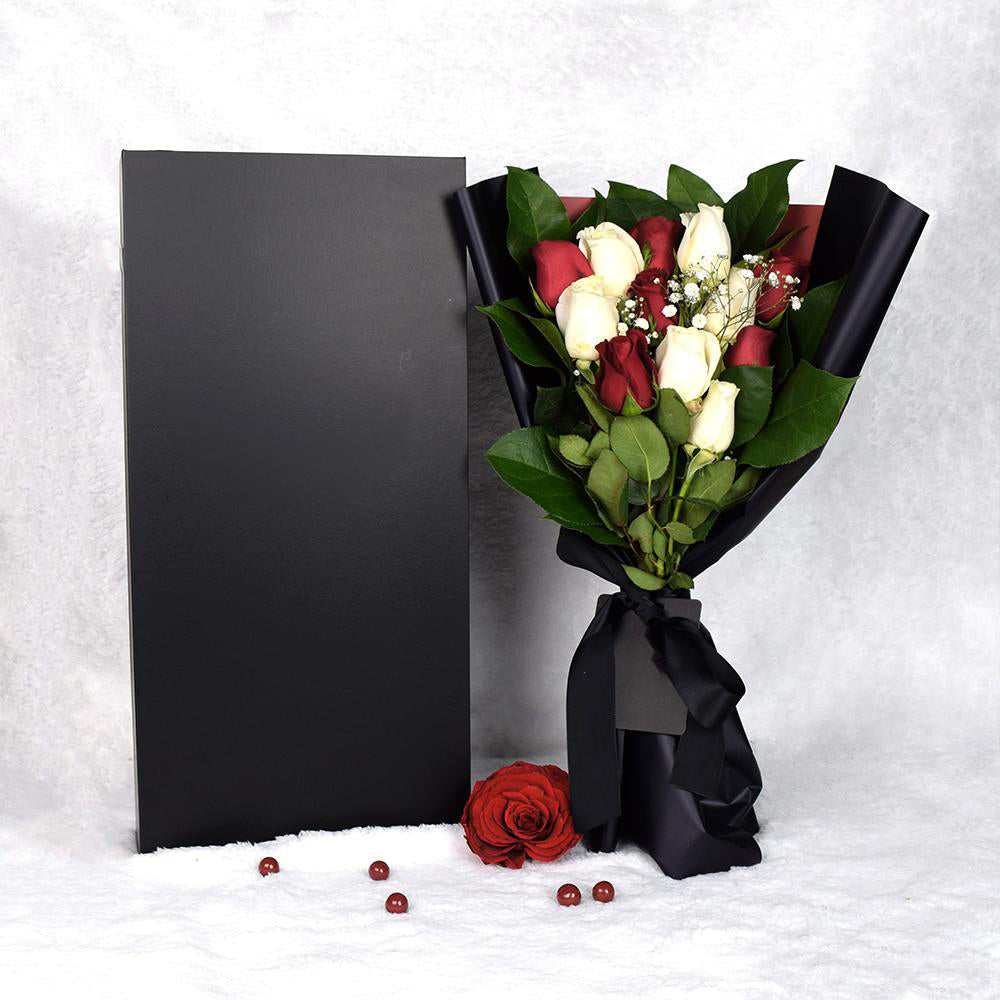 Valentine's Day 12 Stem Red & White Rose Bouquet With Box
