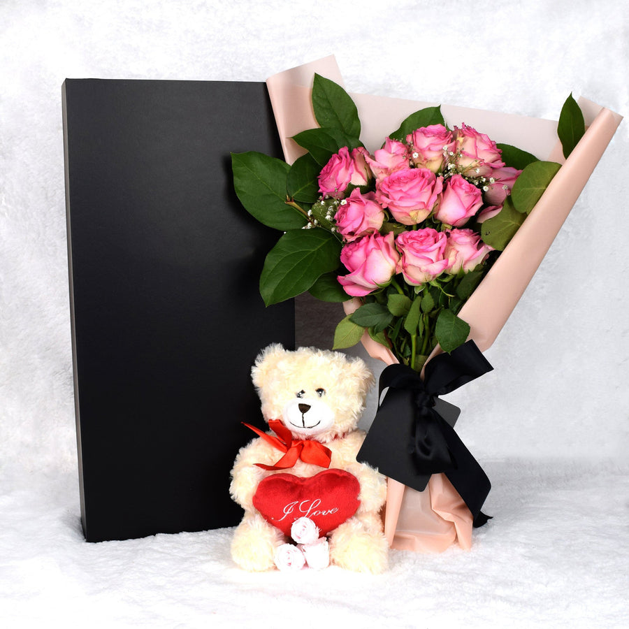 Valentines Day 12 Stem Pink Rose Bouquet With Box & Bear
