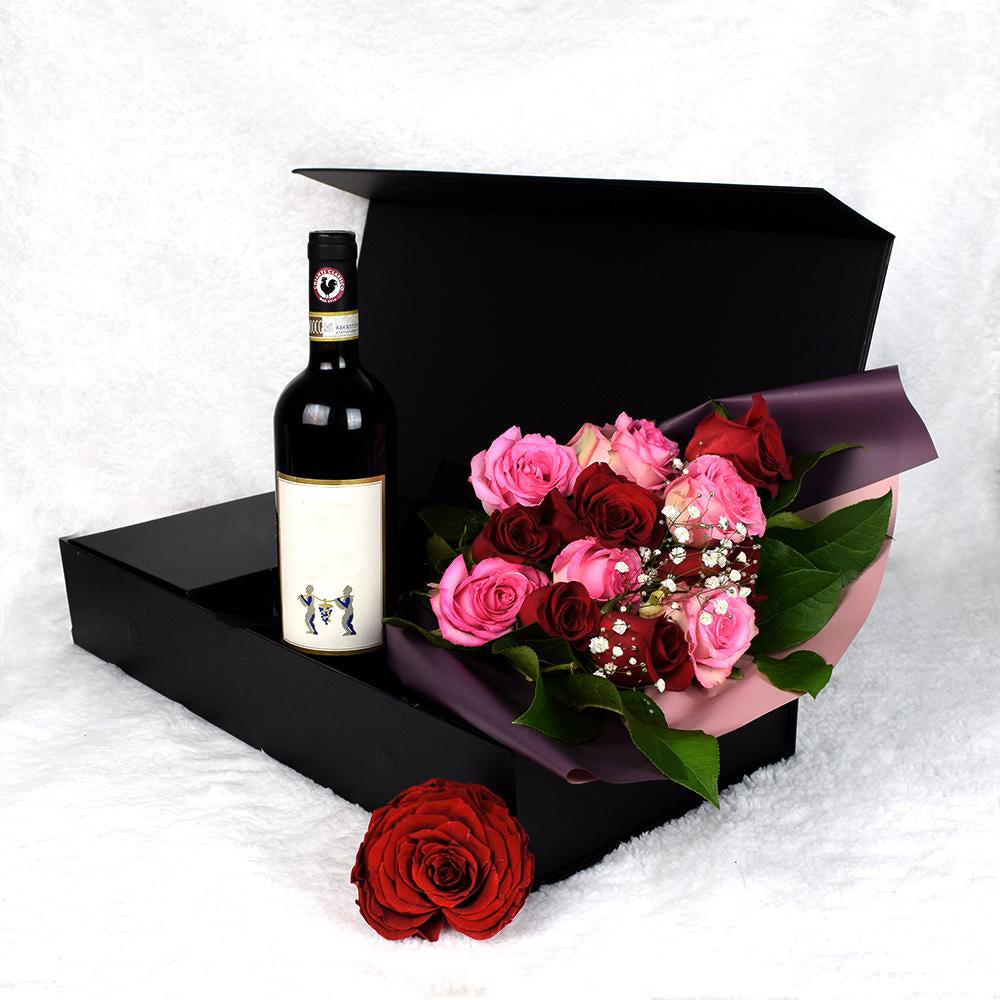 Valentine's Day 12 Stem Red & Pink Rose Bouquet With Box & Wine, Heart & Thorn USA Same Day Flower Delivery, Valentine's Day gifts
