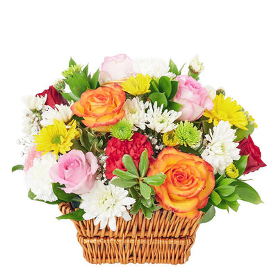 Bountiful Mixed Rose Arrangement. Roses, Carnations, Daisies, Baby’s Breath, and Greens in a Classic Wicker Basket. Flower Gifts from Heart & Thorn USA - Same Day USA Delivery.