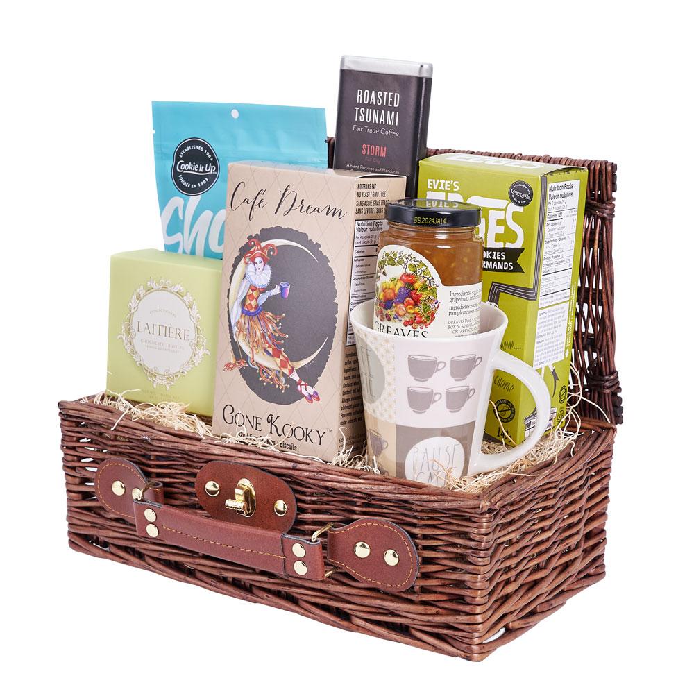 Bravely Bold Gourmet Coffee Gift Basket. Double Chocolate Chip Cookies, Roasted Coffee, Fruit Marmalade Jam, Chocolate Truffles, Cookies, Milk Chocolate Chip Cookies, Coffee Mug, Medium Wicker Picnic Basket. Gourmet Gifts from Heart & Thorn USA - Same Day USA Delivery.