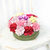 Colorful Radiance Flower Box Set. Lovely Selection of Mixed Carnations and Ruscus in a Short Green Designer Hat Box. Floral Gifts from Heart & Thorn USA - Same Day USA Delivery.