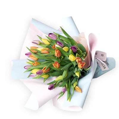 Encapsulated Elegance Tulip Bouquet. Multi-colored Selection of Tulips in a Floral Wrap with a Designer Ribbon. Floral Gifts from Heart & Thorn USA - Same Day USA Delivery.