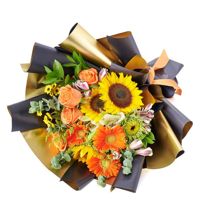 Let Your Light Shine Sunflower Bouquet. Sunflowers, Gerbera, Roses, Solidago, Lilies, Alstroemeria, Daisies, Eucalyptus, and Ruscus Gathered in a Floral Wrap and Tied with Designer Ribbon. Mixed Flower Gifts from Heart & Thorn USA - Same Day USA Delivery.