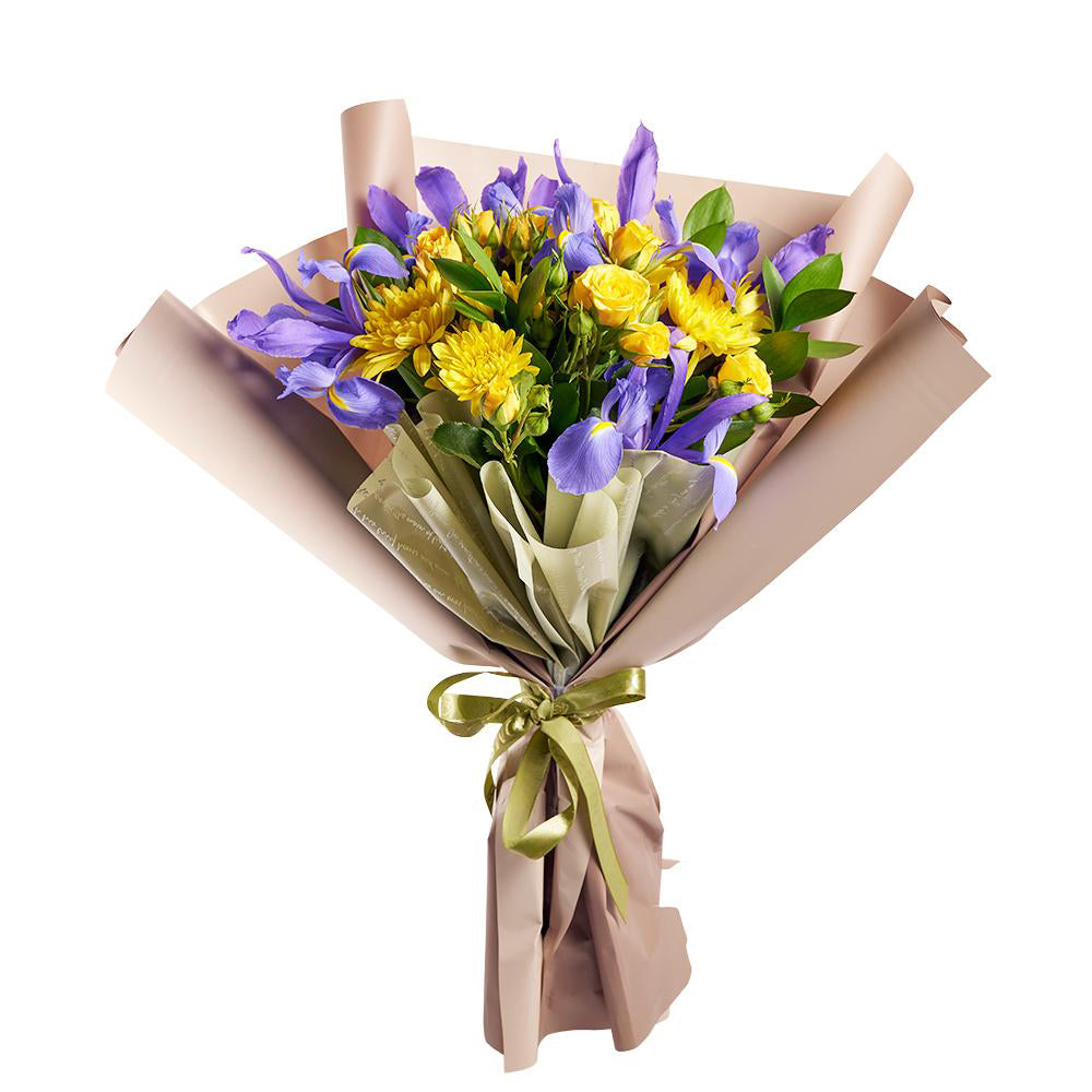Luminous Lavender Iris Bouquet. Purple Irises and Yellow Spray Roses, Daisies, and Greens Gathered in a Floral Wrap and Tied with a Designer Ribbon. Mixed Floral Gifts from Heart & Thorn USA - Same Day USA Delivery.