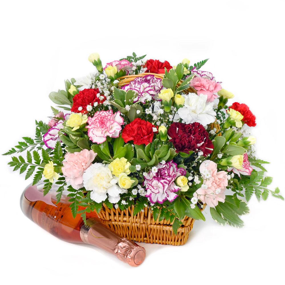 Luxe Delight Flowers Champagne Gift. Carnations, Baby’s Breath, and Greens in a Classic Basket, with a Bottle of Sparkling Wine. Champagne Gifts from Heart & Thorn USA - Same Day USA Delivery.