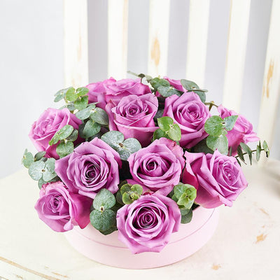 Luxe Passion Flower Box. Pink Roses and Eucalyptus in a Round Pink Hat Box. Flower Gifts from Heart & Thorn USA - Same Day USA Delivery.