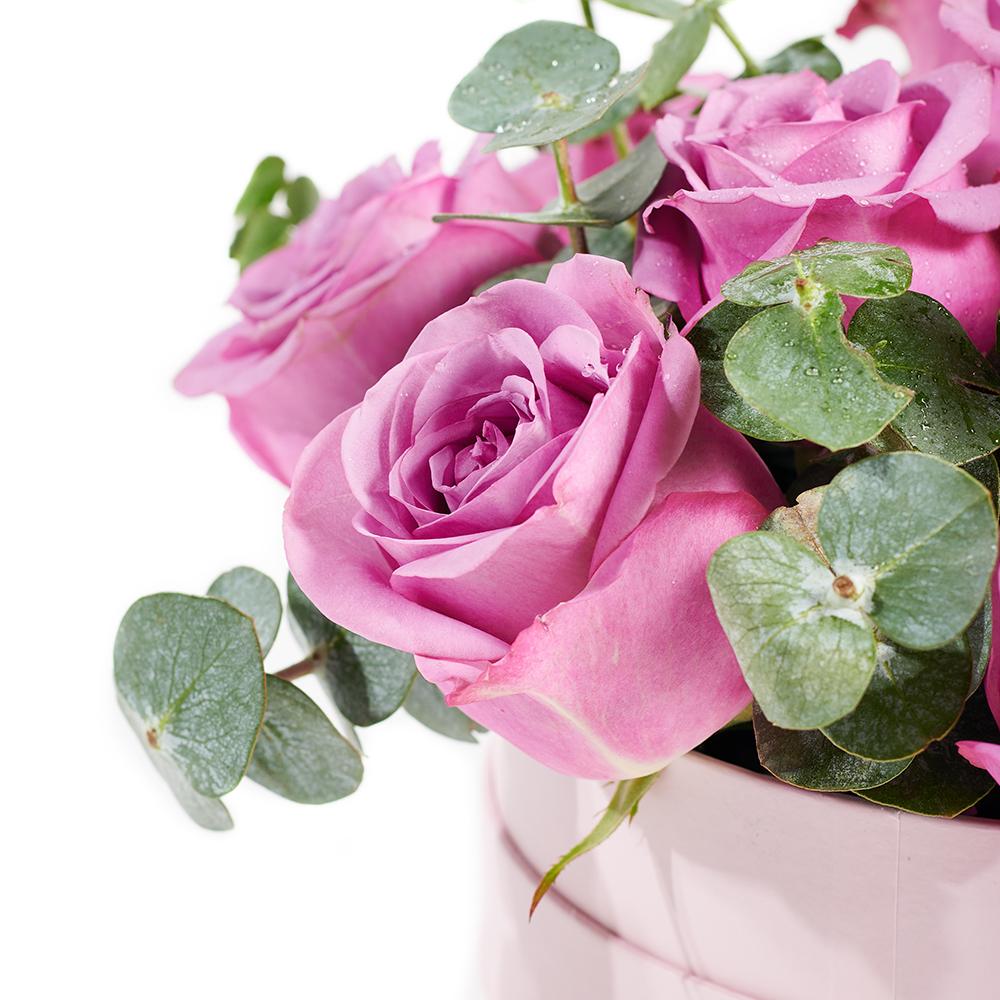 Luxe Passion Flowers & Champagne Gift. Pink Roses and Eucalyptus in a Round Pink Hat Box, with a Bottle of Sparkling Wine. Flower Gifts from Heart & Thorn USA - Same Day USA Delivery.