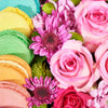 Mother's Day Macaron & Flower Gift Box. Pink Roses, Daisies, and Six Macarons, in a Square Black Designer Hat Box. Flower Gifts from Heart & Thorn USA - Same Day USA Delivery.