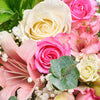 Pastel Dreams 12 Stem Mixed Rose Mother's Day Edition. Roses, Lilies, Alstroemeria, and Mini Carnations in a Floral Wrap and Tied with Designer Ribbon. Mixed Floral Gifts from Heart & Thorn USA - Same Day USA Delivery.