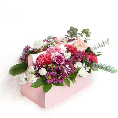 Pink Toolbox Garden Arrangement - Heart & Thorn flower delivery - USA delivery