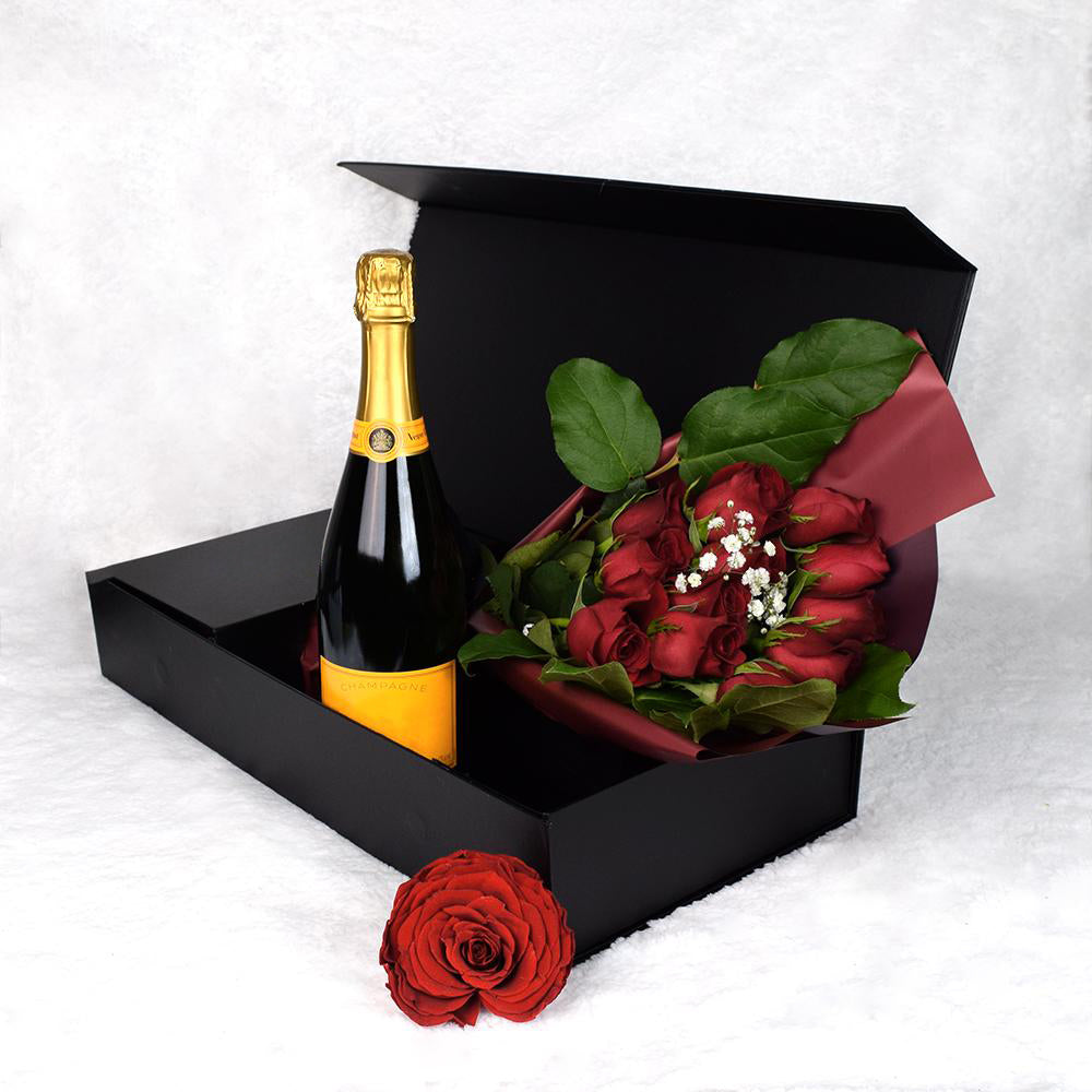 Valentine’s Day 12 Stem Red Rose Bouquet With Box & Champagne - Heart & Thorn flower delivery - USA delivery