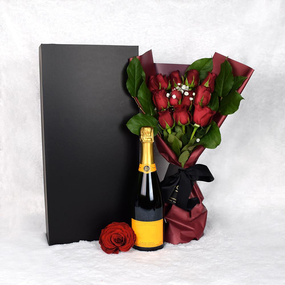 Valentine’s Day 12 Stem Red Rose Bouquet With Box & Champagne - Heart & Thorn flower delivery - USA delivery