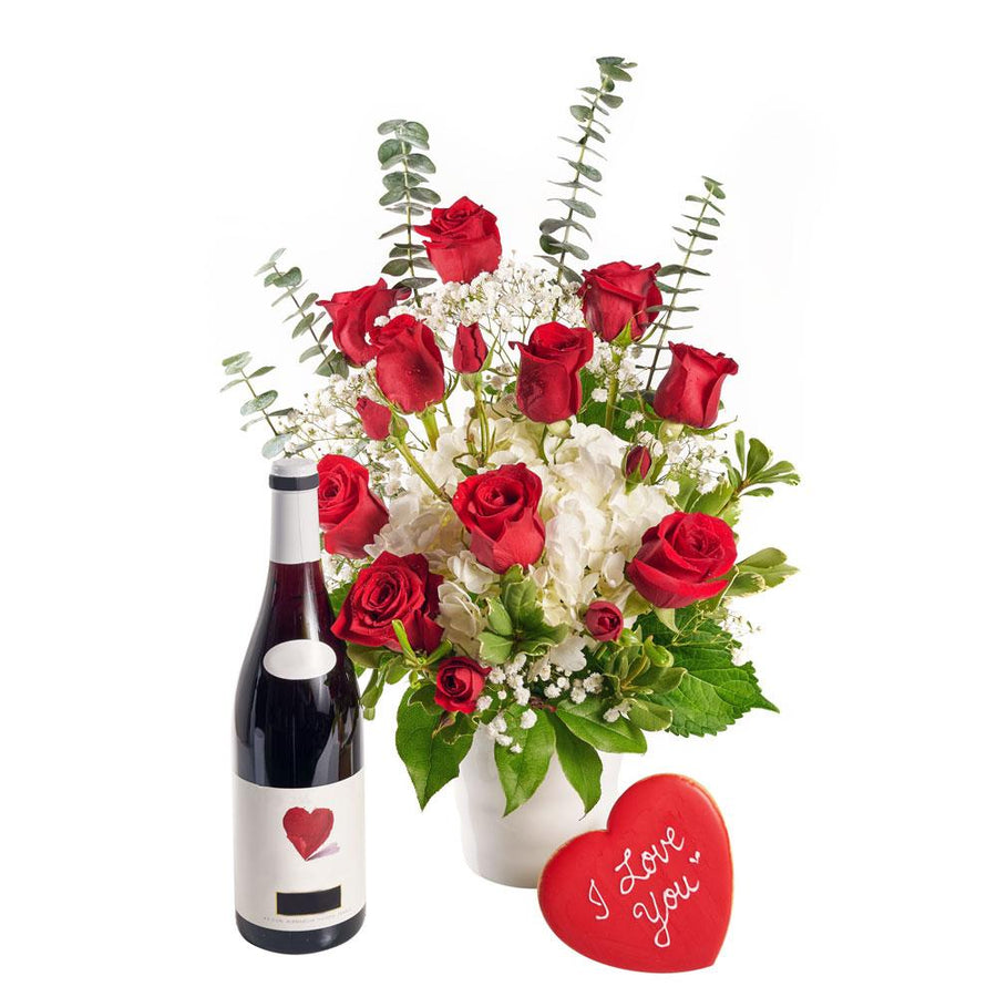 Rose and Hydrangea Vase with Wine from Heart & Thorn USA - Flower Gift Basket - USA Delivery