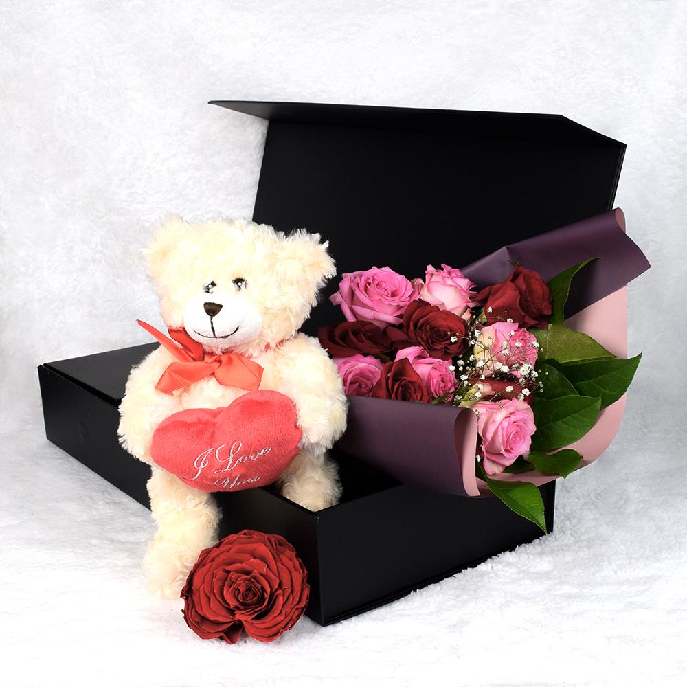 Valentine's Day 12 Stem Red & Pink Rose Bouquet With Box & Bear - Heart & Thorn flower delivery - USA delivery