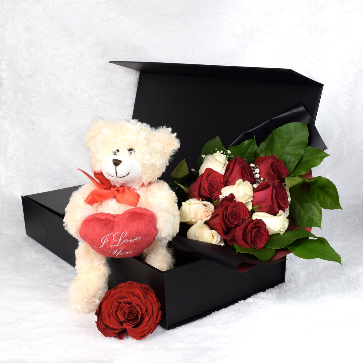 Valentine's Day 12 Stem Red & White Bouquet With Box & Bear - Heart & Thorn flower delivery - USA delivery 