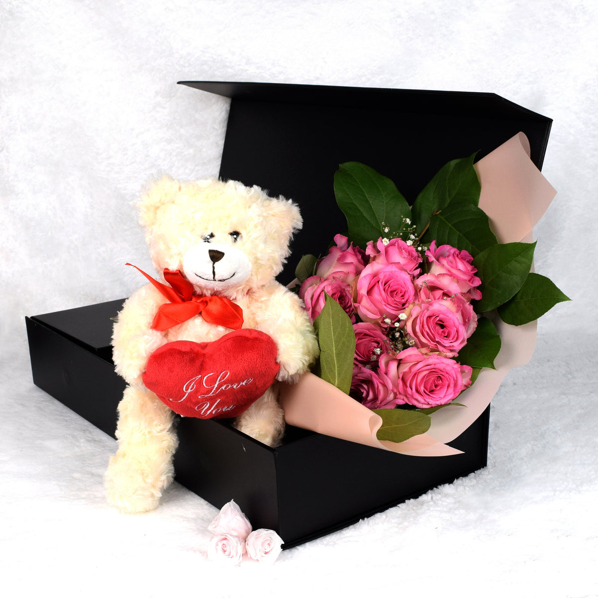 Valentines Day 12 Stem Pink Rose Bouquet With Box & Bear - Heart & Thorn flower delivery - USA delivery 