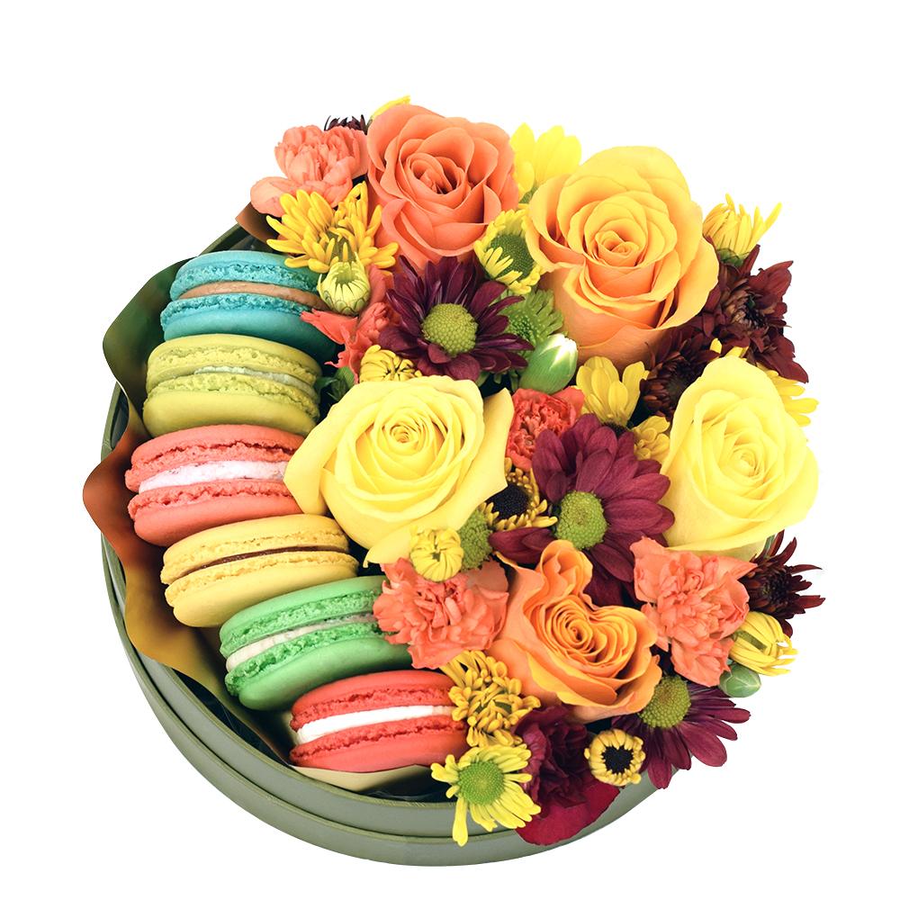 Vintage Rainbow Floral Gourmet Box Set. Bunch of Assorted Roses, Fresh Flowers, and Macarons in a Short Green Hat Box. Gourmet Gifts from Heart & Thorn USA - Same Day USA Delivery.